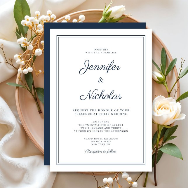 Invitation Elegant Modern Navy Blue Script Wedding (Elegant Modern Navy Blue Script Wedding Invitation)