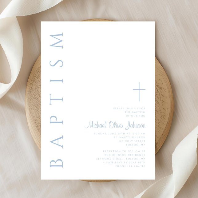 Invitation Élégant Moderne Bleu Script Cross Boy Baptême garç (Elegant Modern Blue Script Cross Boy Baptism Invitation)