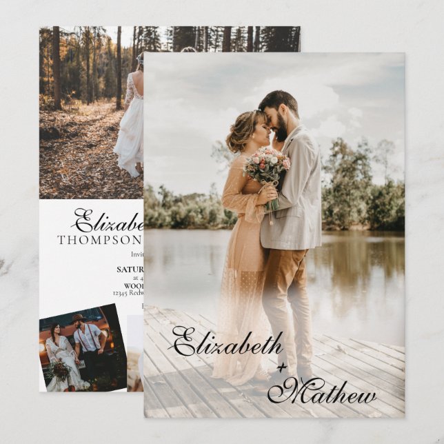 Invitation Élégant moderne classique Script 5 Mariage photo (Devant / Derrière)