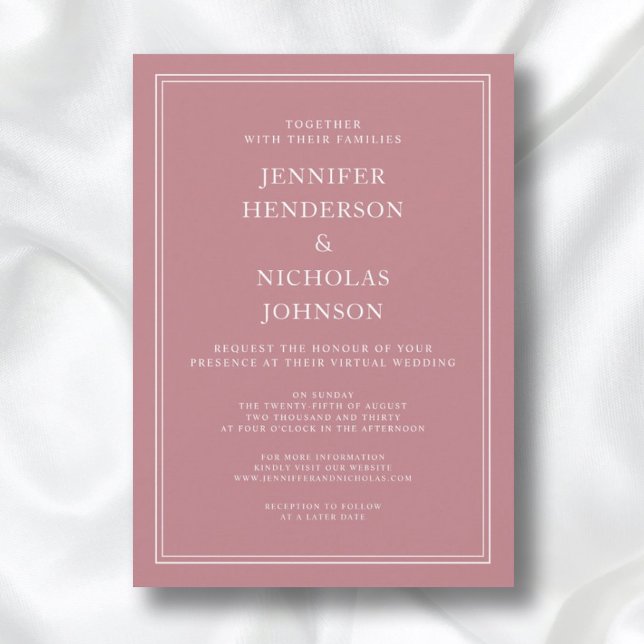 Invitation Élégant moderne Formal Dusty Rose Mariage virtuel (Front / Modern Elegant Formal Dusty Rose Virtual Wedding Invitation)