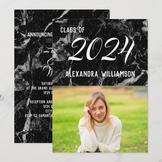 Invitation Élégant moderne Marbre noir photo Graduation (Devant / Derrière)