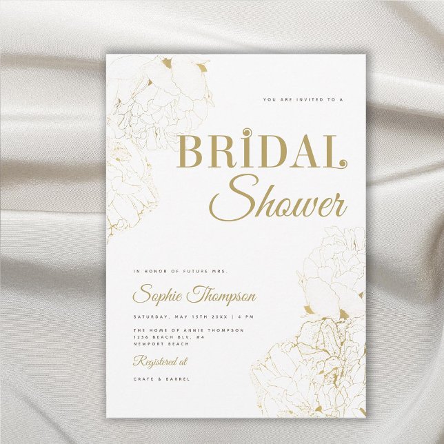 Invitation Elégant moderne Peonies d'or Fête des mariées de c (modern gold peonies floral sketch bridal shower invitation elegant sophisticated feminine classy)