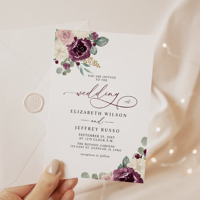 Invitation Élégant moderne Plum or Botanique Mariage floral (Elegant Modern Plum Gold Botanical Floral Wedding Invitation)