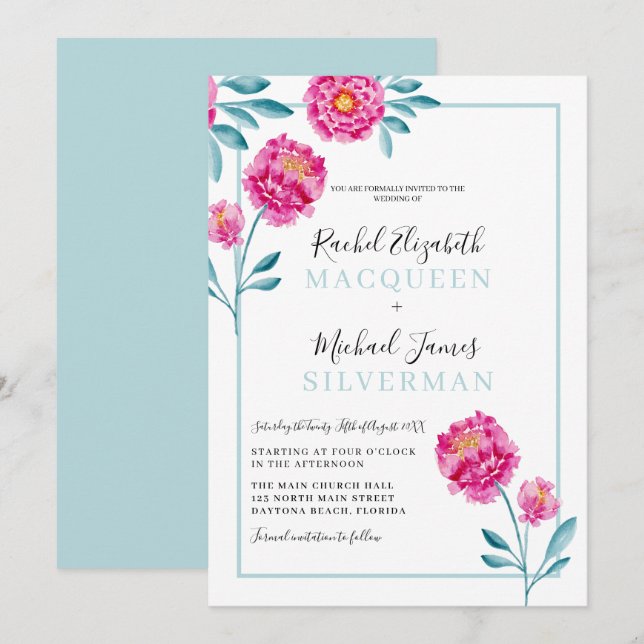 Invitation Élégant Moderne Rose Turquoise Bordure Florale Mar (Devant / Derrière)