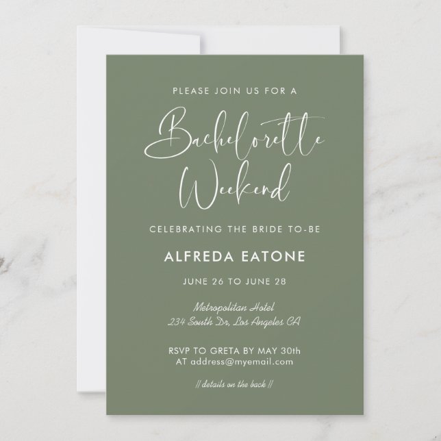 Invitation Elégant & moderne sauge foncé Bachelorette Week-en (Devant)