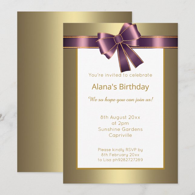 INVITATION ÉLÉGANT MODERNE SIMPLE GOLD PURPLE BOUT (Devant / Derrière)