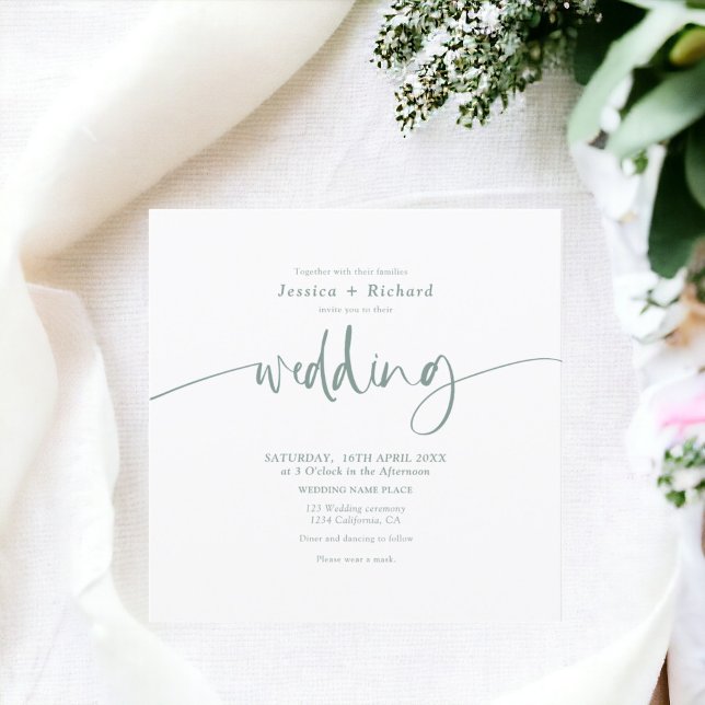 Invitation Élégant moderne simple sauge vert mariage script (Modern elegant simple sage green wedding script invitation)