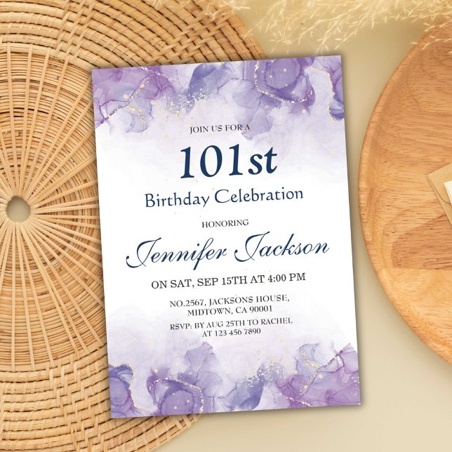 Invitation Elégant moderne violet & or floral 101e anniversai (Créateur téléchargé)