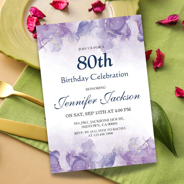 Invitation Elégant moderne violet & or floral 80e anniversair (Créateur téléchargé)