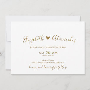 Invitation Élégant moderne White Gold Script Mariage de coeur