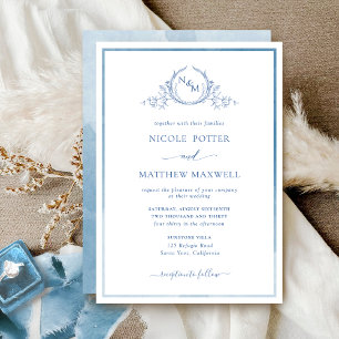 Invitation Elégant Monogram Blue Watercolor Mariage Invitatia