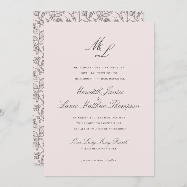 Invitation Élégant Monogram Blush Floral Script Mariage (Devant / Derrière)