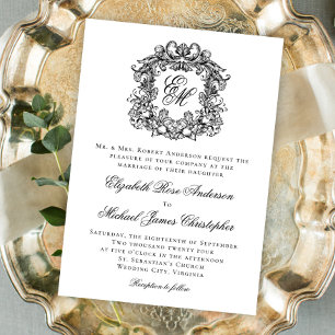 Invitation Élégant Monogram Crest Mariage noir et blanc