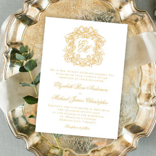 Invitation Élégant Monogram Crest Script Mariage Faux Gold