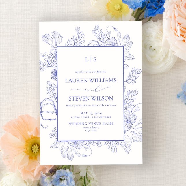 Invitation Élégant Monogram Lavender Floral Line Art Mariage (Créateur téléchargé)