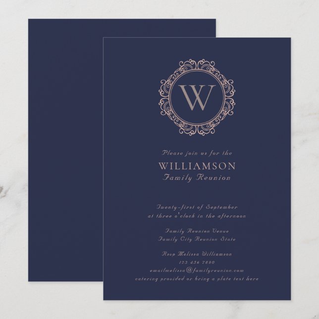 Invitation Elégant Monogram Marine Blue Family Réunion (Devant / Derrière)