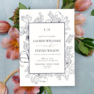 Invitation Élégant Monogram Marine Blue Floral Line Mariage d