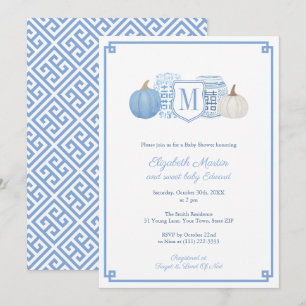 Invitation Elégant Monogramme Baby shower Citrouille bleu et