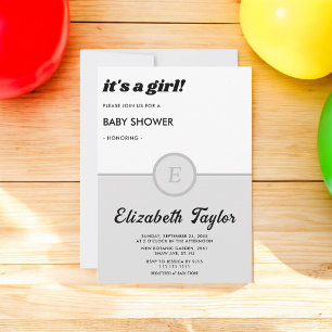 Invitation Élégant Monogramme Baby shower gris noir et blanc
