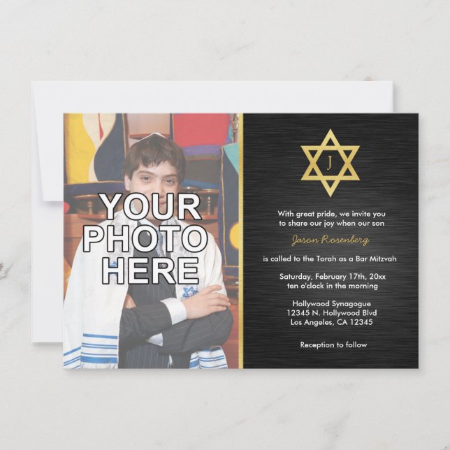 Invitation Élégant Monogramme Bar Mitzvah avec photo (Devant)