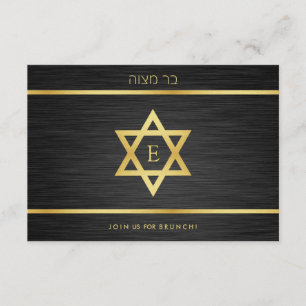 Invitation Élégant Monogramme Bat mitzvah noir et or Brunch