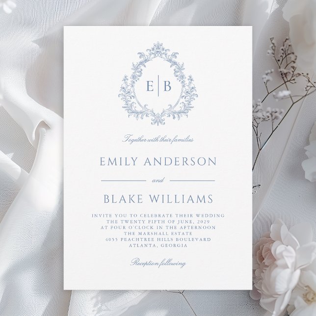 Invitation Élégant Monogramme Bleu Dusty Mariage Crest (Available in both printed and instant download digital formats.)
