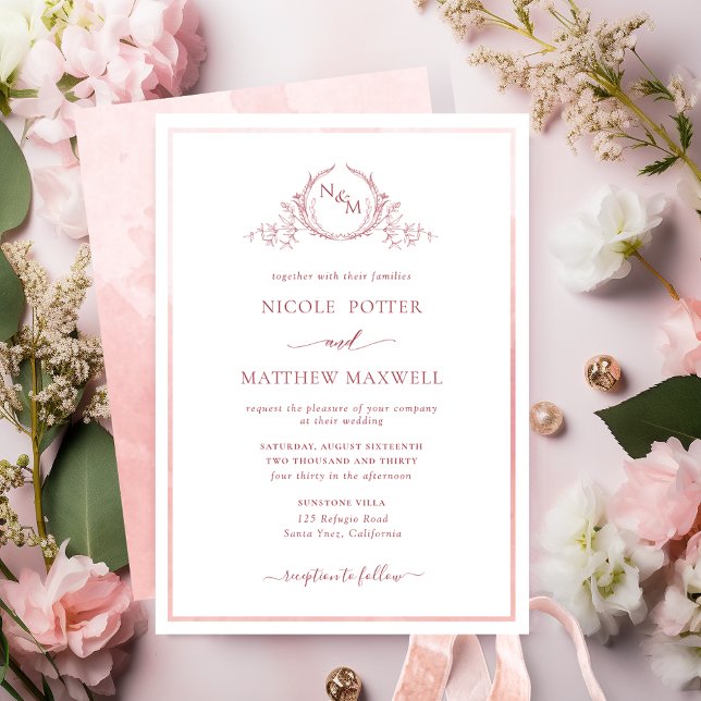 Invitation Elégant Monogramme Blush Rose Aquarelle Mariage In (Créateur téléchargé)
