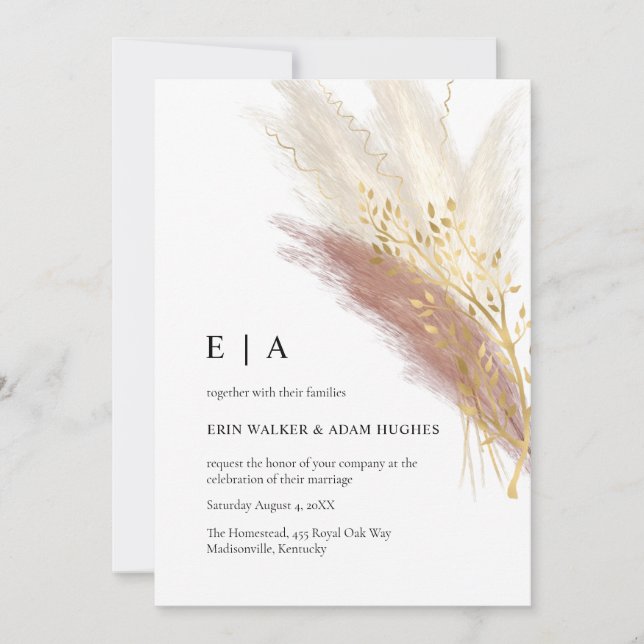 Invitation Élégant Monogramme Boho rose or Pampas Grass (Devant)