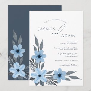 Invitation Élégant Monogramme Botanique Bleu de Mariage