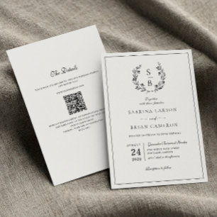 Invitation Élégant Monogramme Botanique Wreath QR Code Mariag