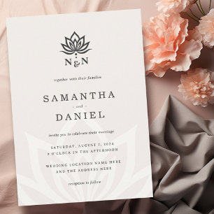 Invitation Élégant monogramme de fleur de lotus ivoire neutre