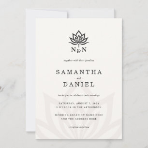 Invitation Élégant monogramme de fleur de lotus ivoire neutre