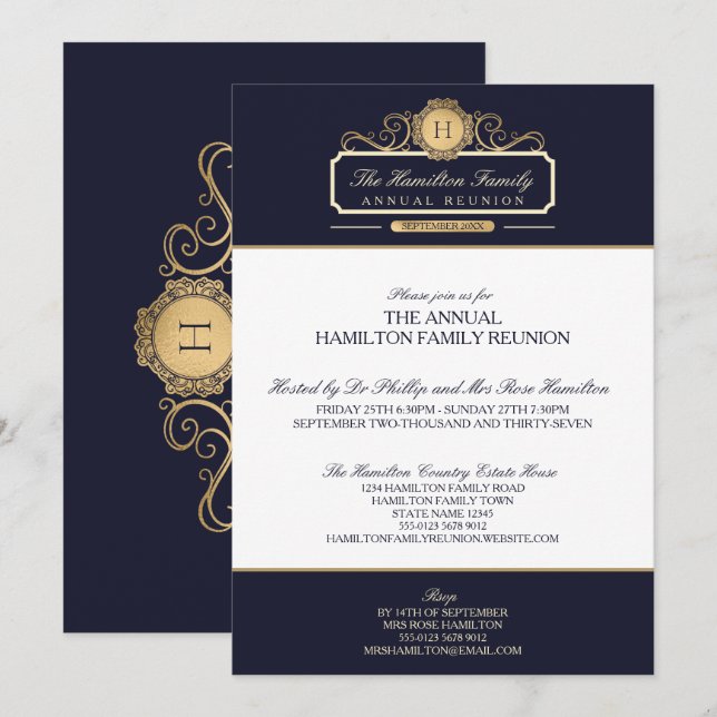 Invitation Élégant Monogramme d'or de la Marine Réunion famil (Devant / Derrière)