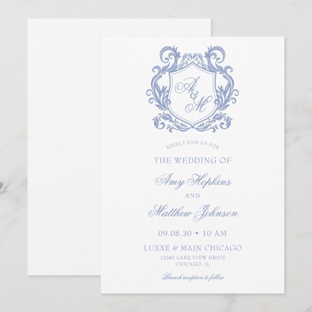 Invitation Élégant Monogramme Dusty Blue Crest Mariage (Devant / Derrière)