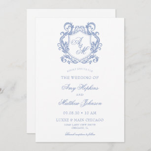 Invitation Élégant Monogramme Dusty Blue Crest Mariage