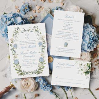 Invitation Élégant monogramme Dusty Blue Hydrangea