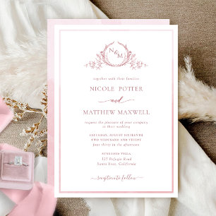 Invitation Elégant Monogramme Dusty Rose Aquarelle Mariage In
