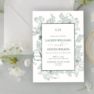 Invitation Élégant Monogramme Emerald Green Floral Line Art