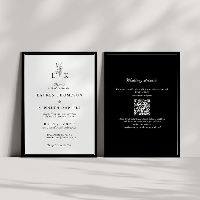 Invitation Élégant Monogramme feuille classique QR Code Maria (Créateur téléchargé)