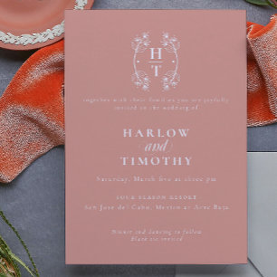 Invitation Élégant Monogramme Floral Crest or rose Mariage