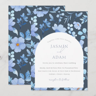 Invitation Élégant Monogramme Floral Opulence Bleu Ardoise