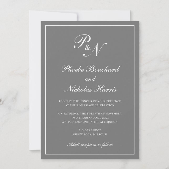 Invitation Élégant Monogramme formel Mariage gris simple (Devant)