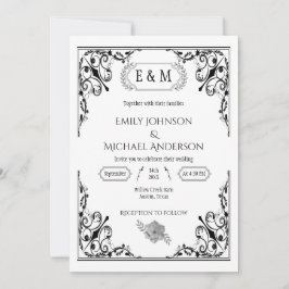 Invitation Élégant Monogramme gothique Mariage noir et blanc