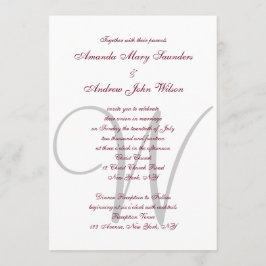 Invitation Élégant Monogramme Gris Bourgogne Mariage officiel