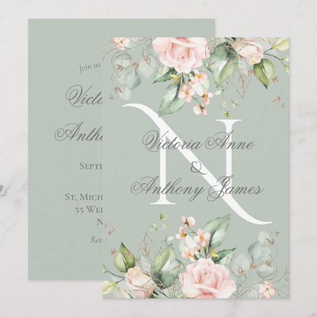 Invitation Élégant Monogramme initial Floral Sage Mariage ver (Devant / Derrière)