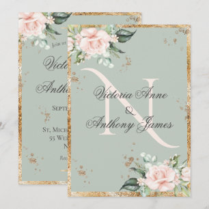 Invitation Élégant Monogramme Initial Floral Vert Sauge Or Ma