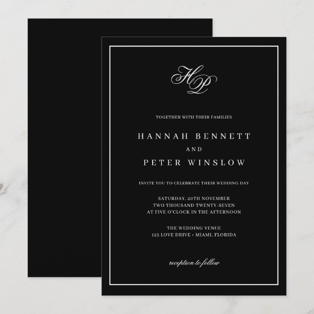 Invitation Élégant Monogramme Initiales Black Frame Mariage (Devant / Derrière)