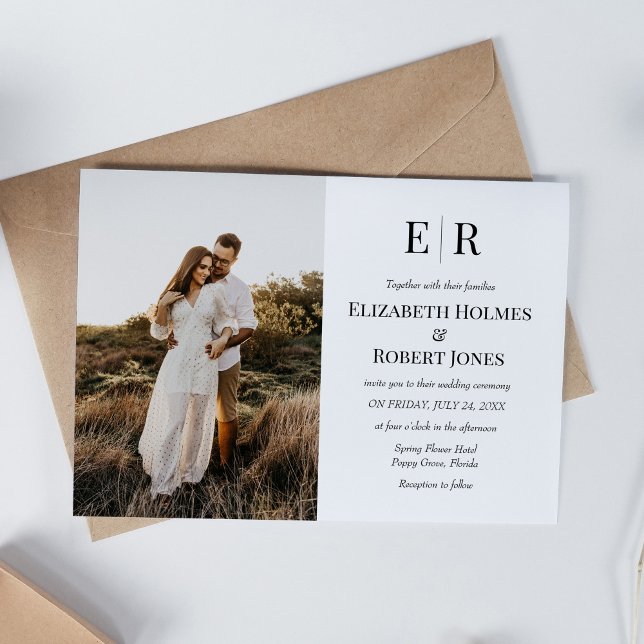 Invitation Élégant Monogramme Mariage photo personnalisé (Elegant Monogram Custom Photo Wedding Invitation on boho table)