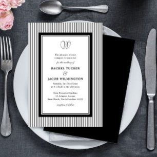 Invitation Élégant Monogramme Mariage Rayé Noir et Blanc