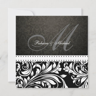 Invitation Élégant monogramme noir et blanc de Damas